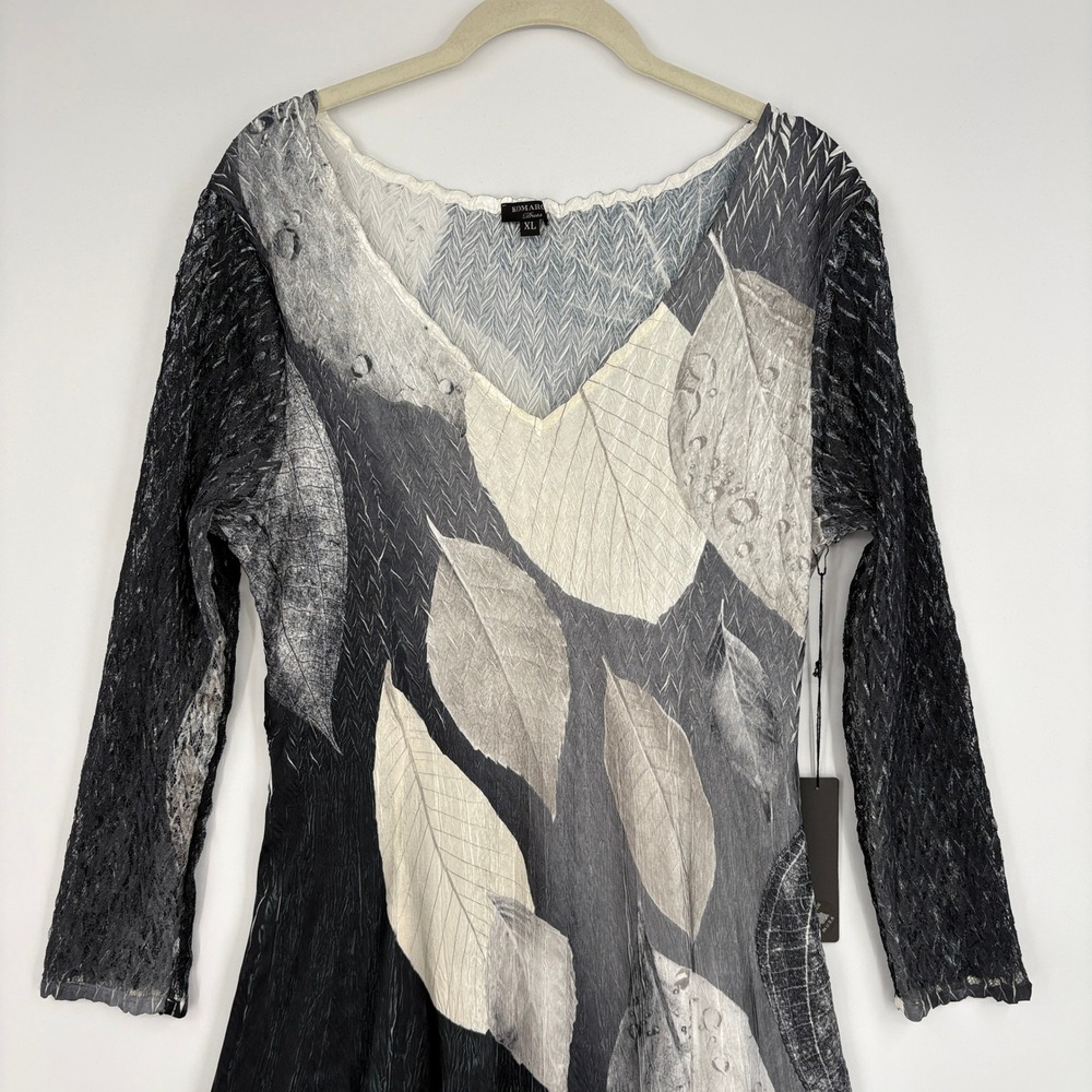 Komarov Women XL Dress Black White Leaf Print Lace Sleeve Handmade USA NEW - Picture 3 of 14